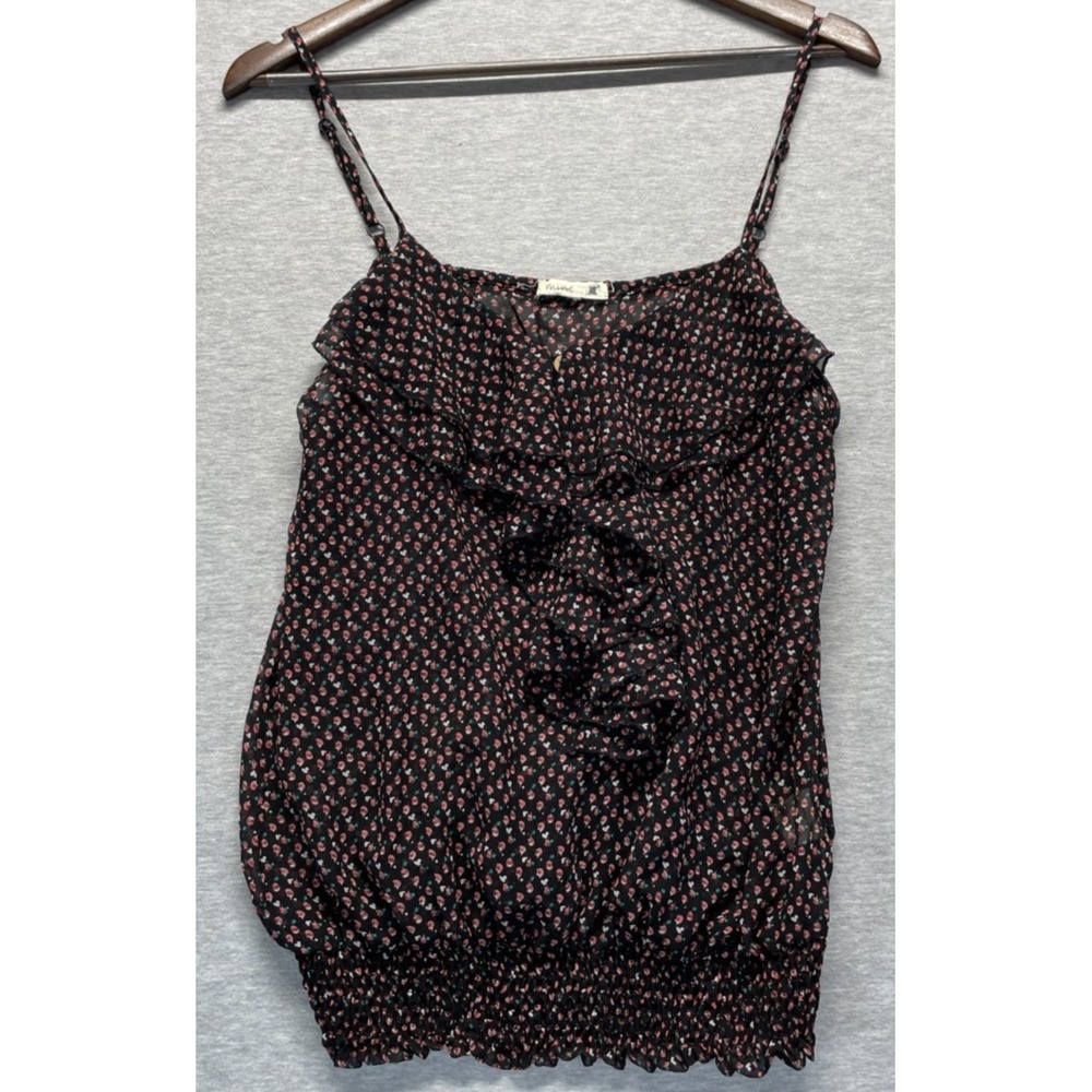 Mine Cami Tank Top Womens Small Black Multi Ditsy Floral Ruffle Trim Smocked Hem